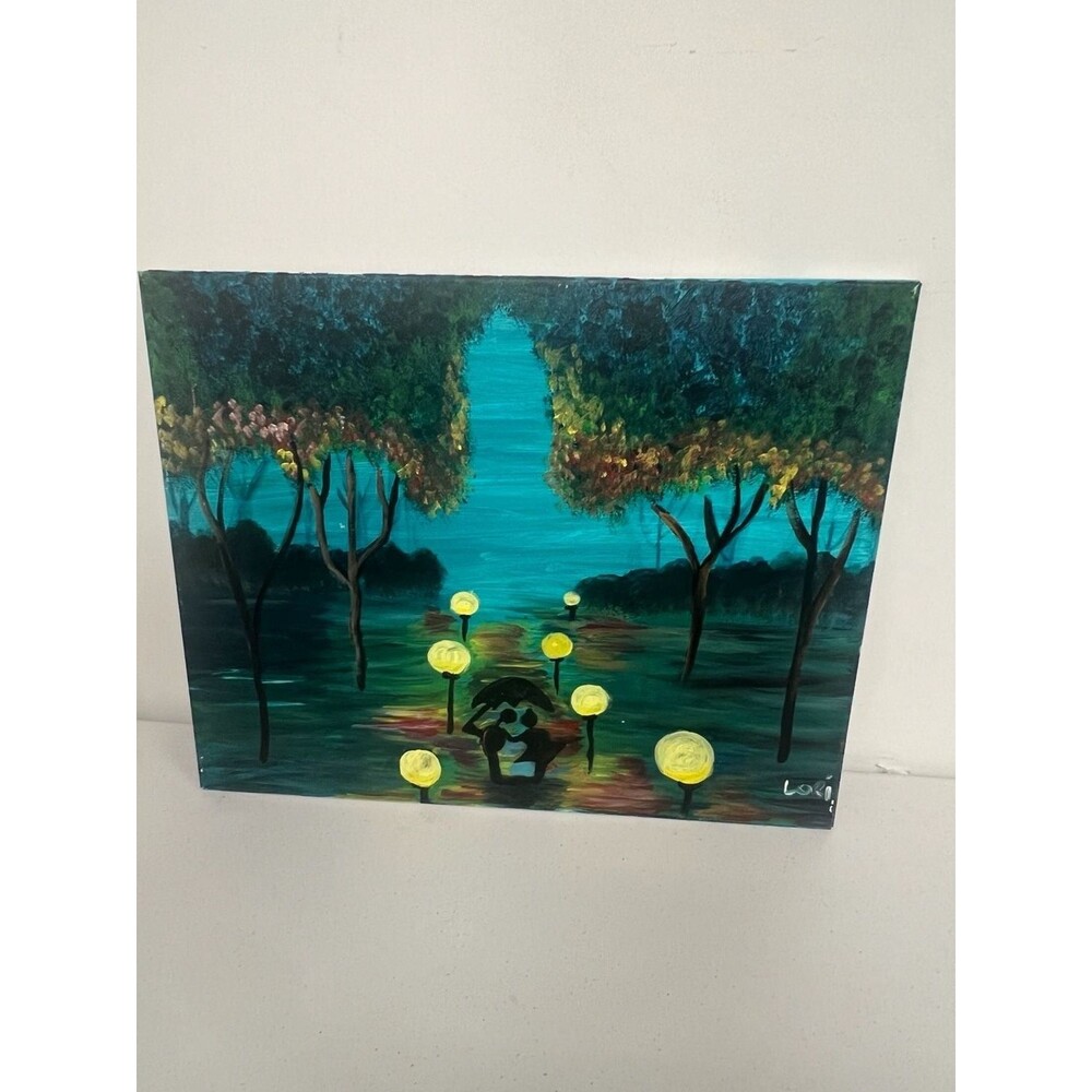 Original Acrylic Painting Couple Under Umbrella 16x20 Stretched Canvas